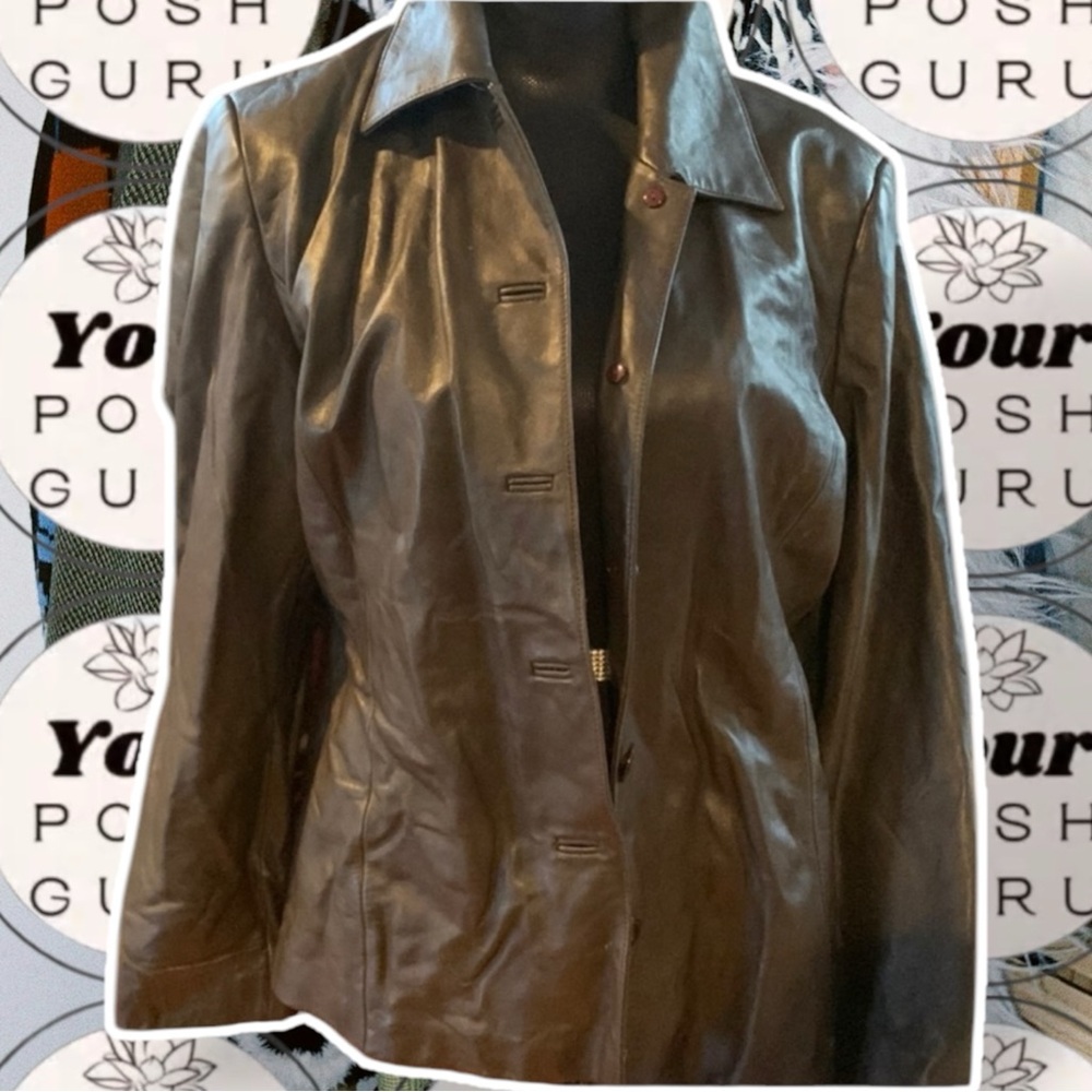 🐮Genuine Leather black coat jacket with brown button inner pocket